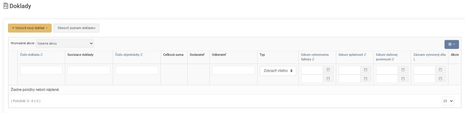 faktúry - zoznam dokladov