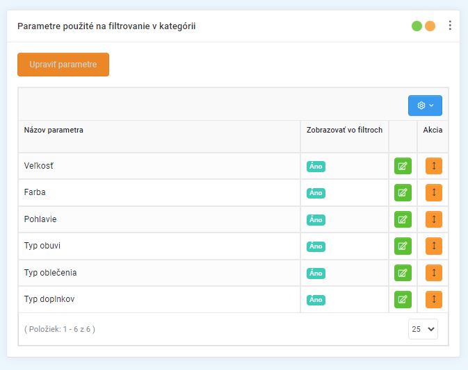 úprava kategórie - parametre použité na filtrovanie v kategórii