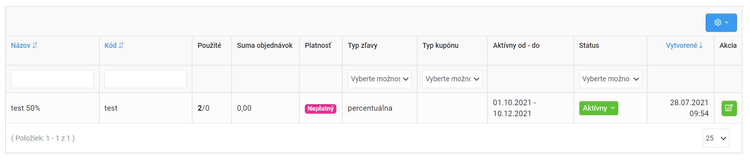 kupóny - zoznam kupónov