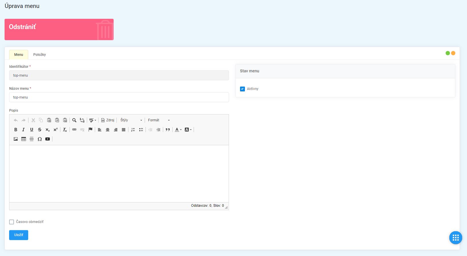menu - editácia menu náhľad