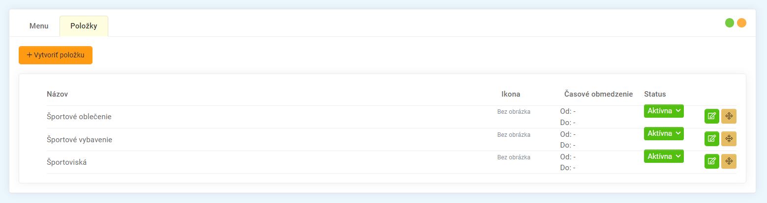 menu - položky zoznam