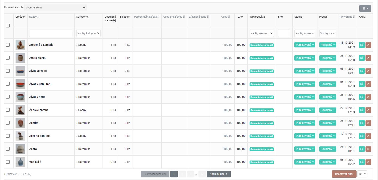 filtrovanie produktov - náhľad