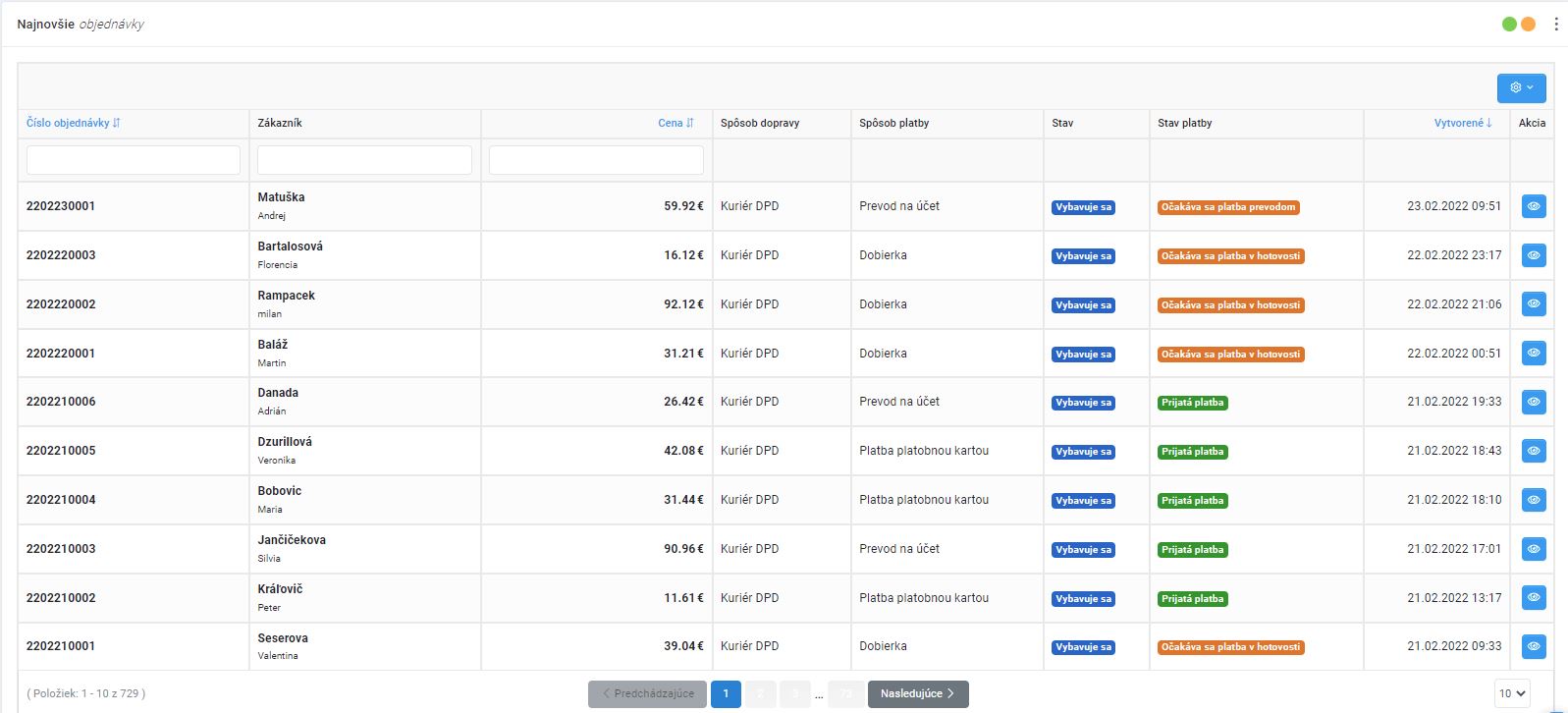 nástenka - najnovšie objednávky