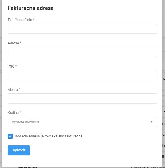 vytváranie zákazníka - fakturačná adresa