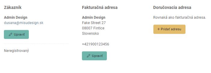 sumarizácia objednávky - zákazník, fakturačná a doručovacia adresa