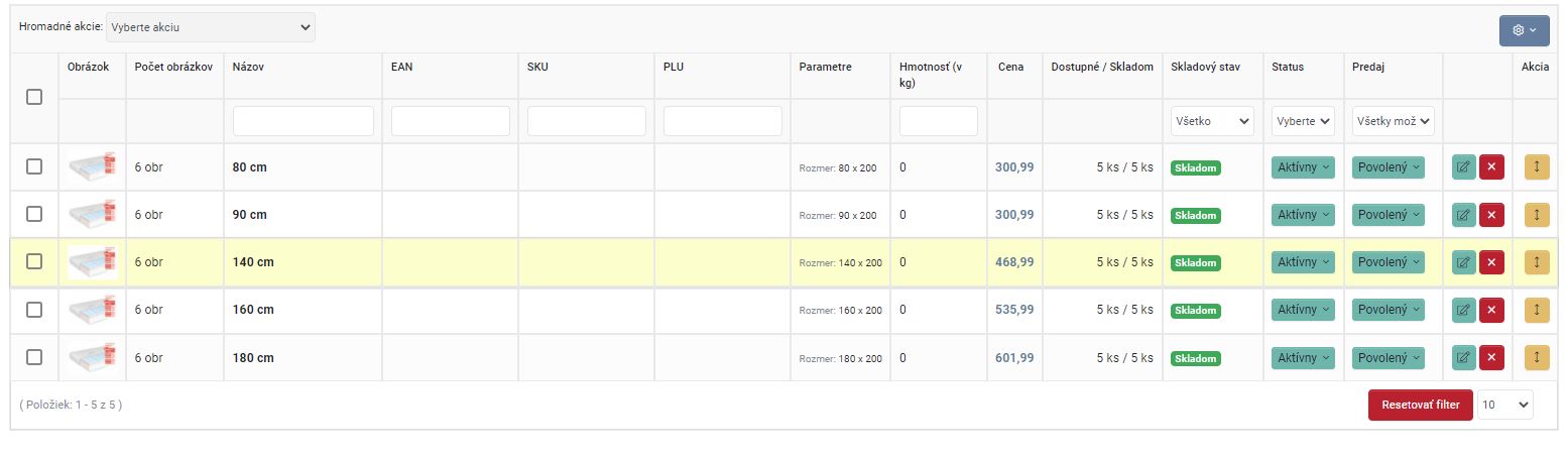 produkt - varianty - zoznam variantov