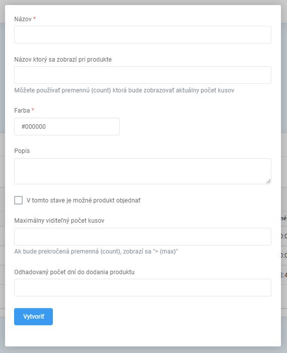 vytvorenie skladového stavu - nový skladový stav