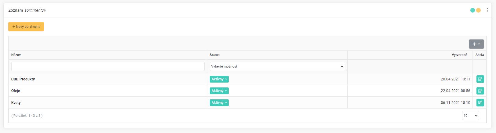 sortimenty - filtrovanie a zoznam