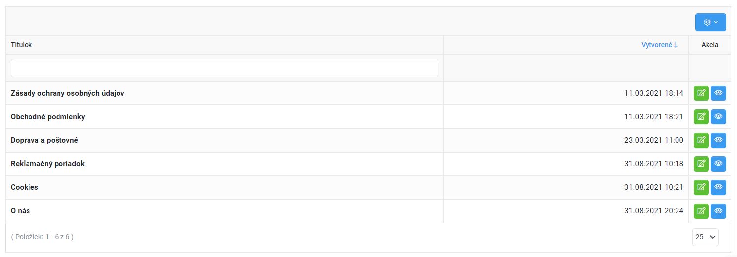 stránky - zoznam stránok