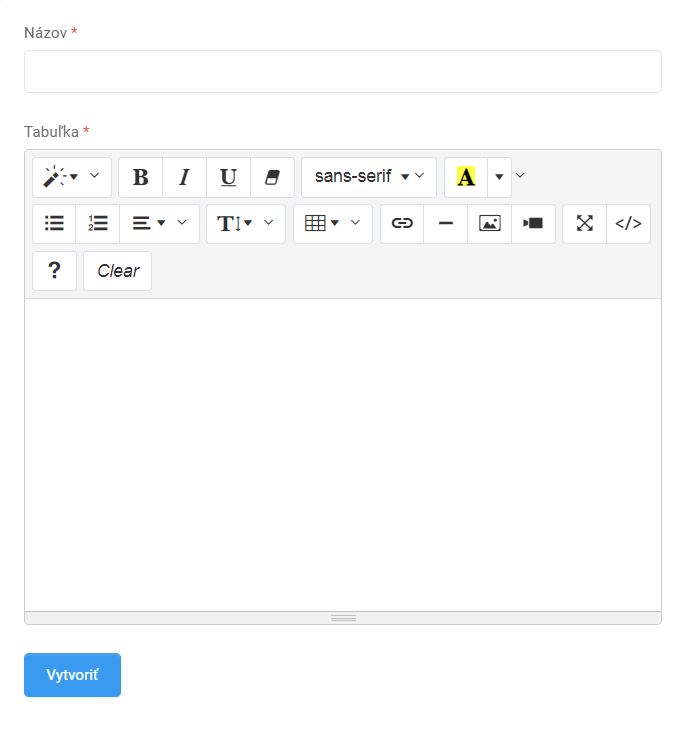 veľkostné tabuľky - nová veľkostná tabuľka
