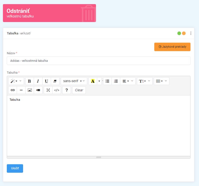 veľkostné tabuľky - hlavička