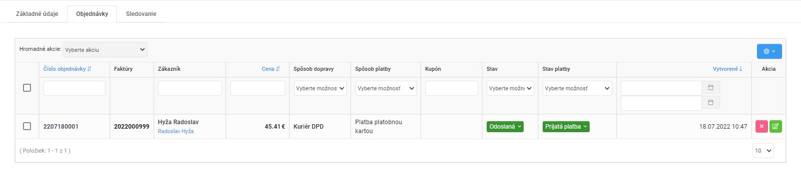detail a úprava zákazníka - objednávky