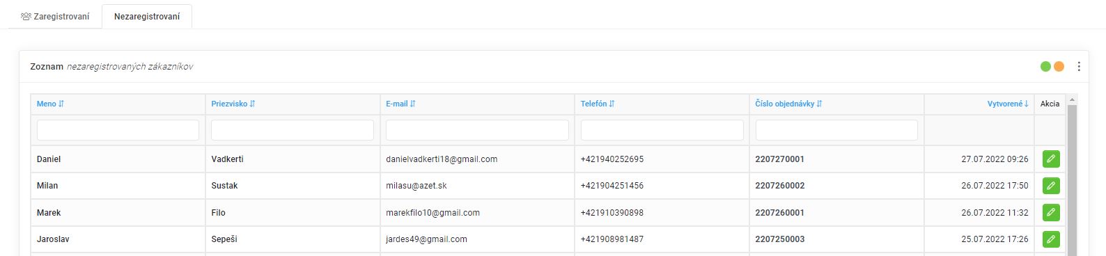 zákazníci - zozname neregistrovaných zákazníkov
